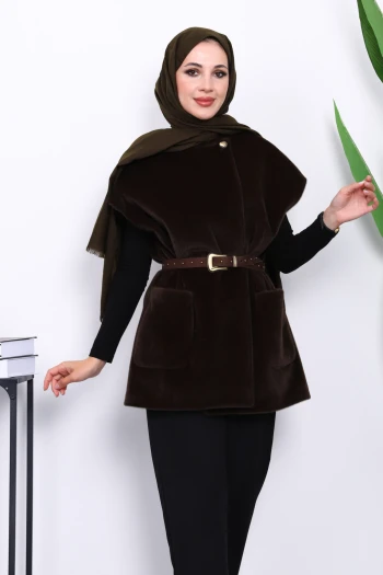 Koyu Kahve Cepli Kemerli Kaşe Yelek