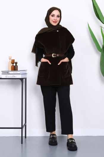 Koyu Kahve Cepli Kemerli Kaşe Yelek