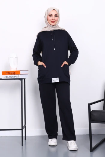 Koyu Lacivert Önü Etiketli İki İplik Tesettür Takım