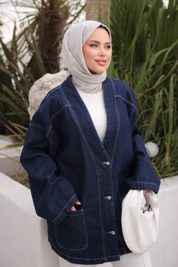 Koyu Mavi Cepli Kot Ceket