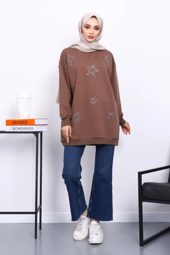 Koyuv Vizon Bisiklet Yaka Taşlı Modal Sweatshirt