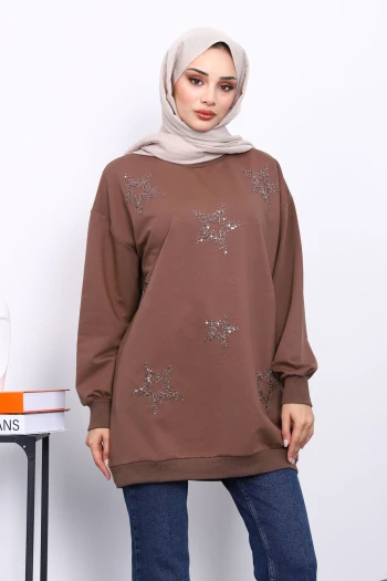 Koyuv Vizon Bisiklet Yaka Taşlı Modal Sweatshirt