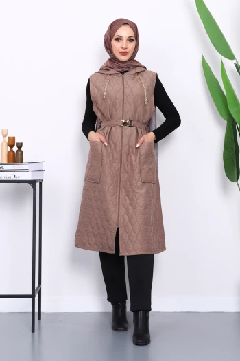 Koyuv Vizon Kapüşonlu Kemerli Kapitone Yelek