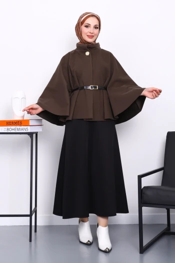 Koyuv Vizon Kemerli Kaşe Panço