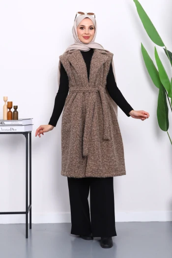 Koyuv Vizon Kruvaze Yaka Kuşaklı Keçe Yelek