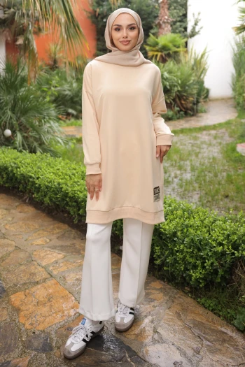 Krem Bisiklet Yaka Armalı Tunik