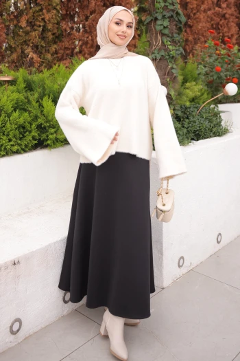 Krem Bisiklet Yaka Oversize Angora Yumoş Triko Kazak