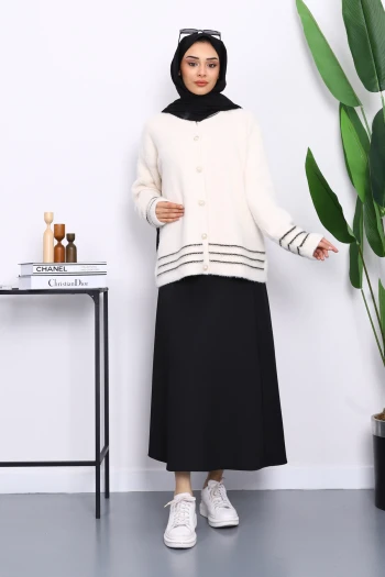 Krem Biye Detaylı Angora Yumoş Triko Hırka