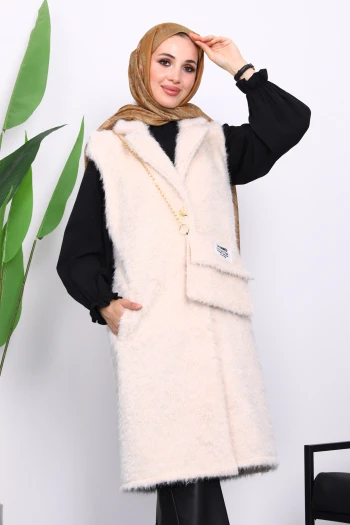 Krem Çanta Detaylı Angora Yelek