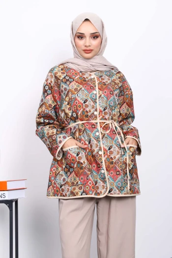 Krem Desenli Çıtçıtlı Ceket