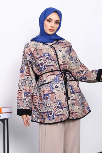 Krem Etnik Desenli Çıtçıtlı Ceket