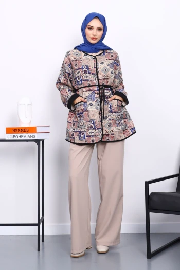 Krem Etnik Desenli Çıtçıtlı Ceket