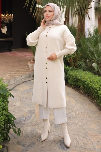 Krem Hakim Yaka Angora Yumoş Hırka