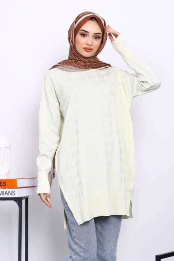 Krem Kazayağı Desenli Soğuk İplik Triko Tunik