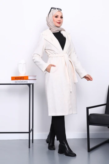 Krem Kruvaze Yaka Cepli Angora Kaban