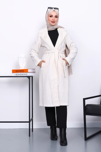 Krem Kruvaze Yaka Cepli Angora Kaban