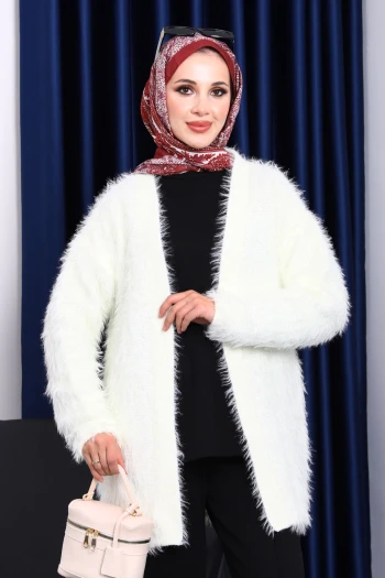 Krem Simli Uzun Angora Yumoş Triko Hırka