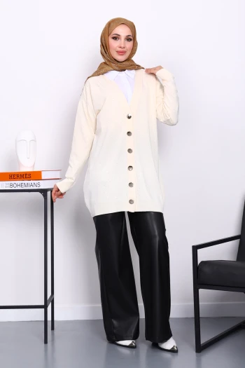 Krem Soğuk İplik Taşlı Triko Hırka