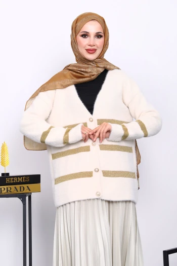 Krem V Yaka Angora Yumoş Hırka