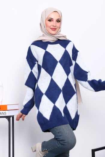 Lacivert Baklava Desenli Triko Kazak