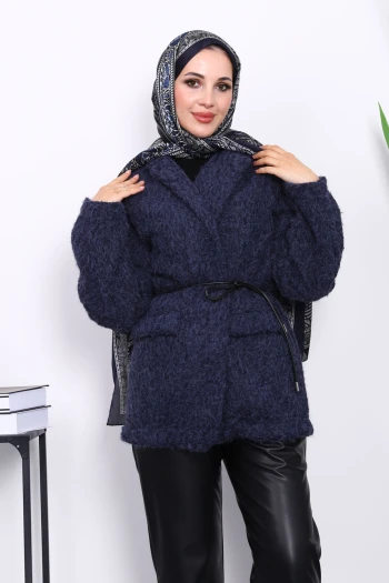 Lacivert Bel Bağlamalı Cepli Keçe Ceket