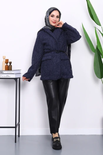 Lacivert Bel Bağlamalı Cepli Keçe Ceket