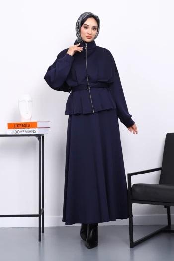 Lacivert Bel Detaylı Ceket Etekli Scuba Takım