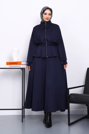 Lacivert Bel Detaylı Ceket Etekli Scuba Takım