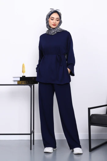 Lacivert Belden Bağlamalı Pantolon Cepli Modal Takım