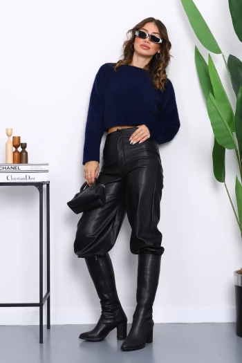 Lacivert Bisiklet Yaka Angora Yumoş Crop Triko Kazak