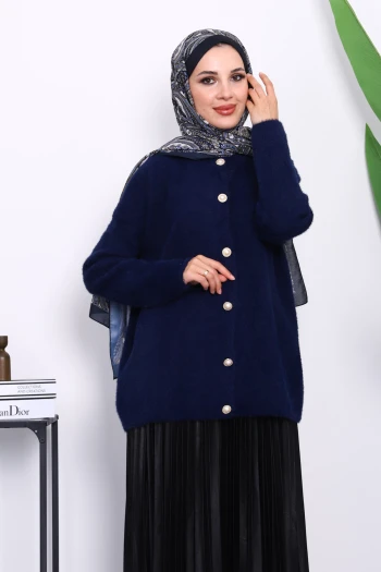 Lacivert Bisiklet Yaka Angora Yumoş Hırka