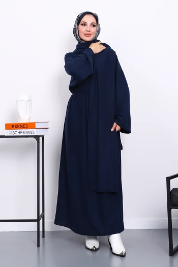 Lacivert Bisiklet Yaka Bel Kuşaklı Elbise