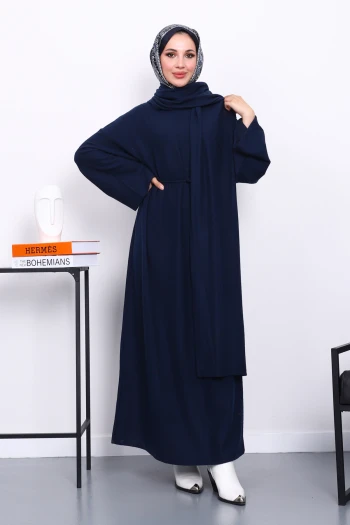 Lacivert Bisiklet Yaka Bel Kuşaklı Elbise