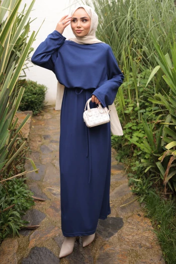 Lacivert Bisiklet Yaka Bel Kuşaklı Elbise