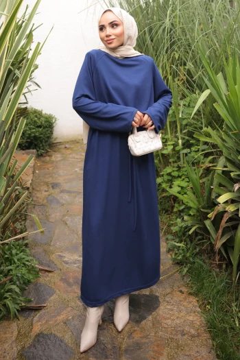 Lacivert Bisiklet Yaka Bel Kuşaklı Elbise