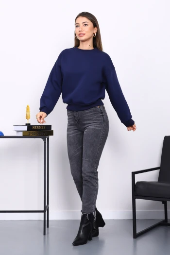 Lacivert Bisiklet Yaka Üç İplik Sweat