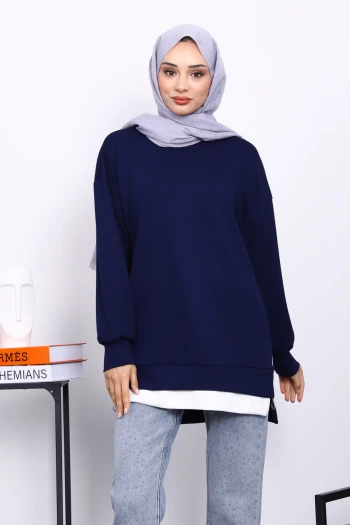 Lacivert Bisiklet Yaka Yan Fermuarlı Tunik