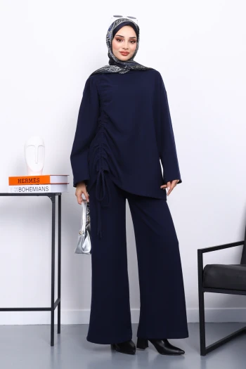 Lacivert Büzgü Detaylı Fitilli Tunik Pantolonlu Takım