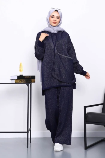 Lacivert Çantalı Simli Tunik Pantolonlu Triko Takım