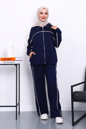 Lacivert Çift Cepli Fermuarlı Biyeli Takım