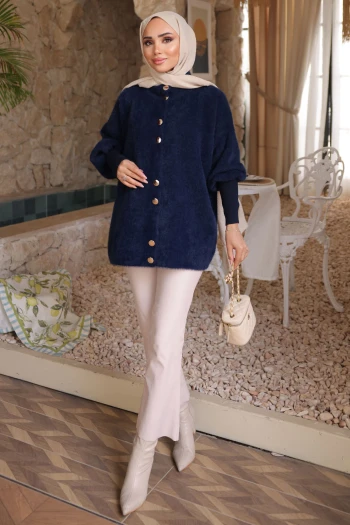 Lacivert Dik Yaka Angora Yumoş Hırka