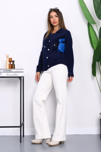 Lacivert Dik Yaka Angora Yumoş Hırka