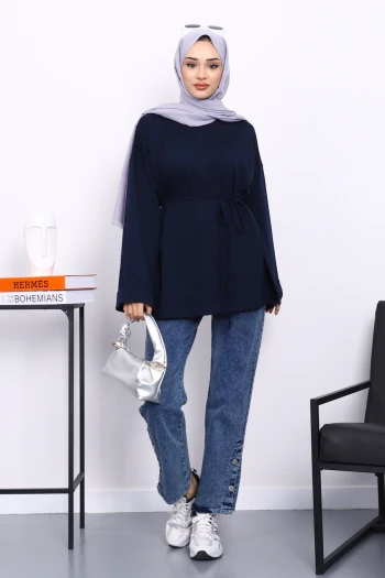 Lacivert Dikiş Detaylı Yanları Yırtmaçlı Sweatshirt