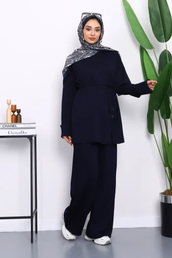 Lacivert Düğme Detaylı Tunik Pantolonlu Modal Takım