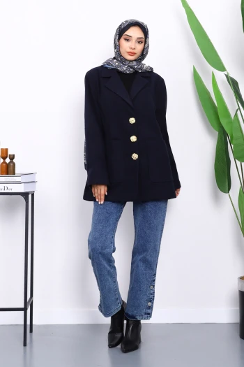 Lacivert Düğmeli Cepli Ceket
