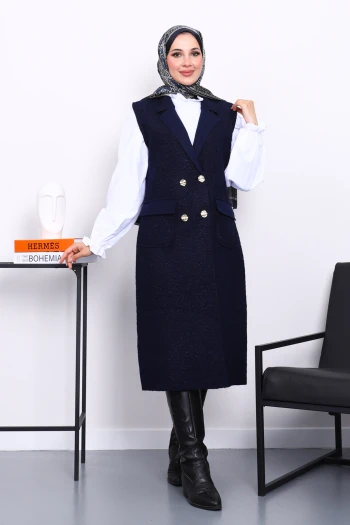 Lacivert Düğmeli Uzun Buklet Yelek