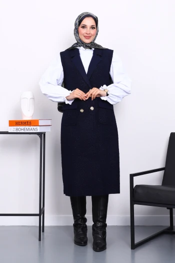 Lacivert Düğmeli Uzun Buklet Yelek