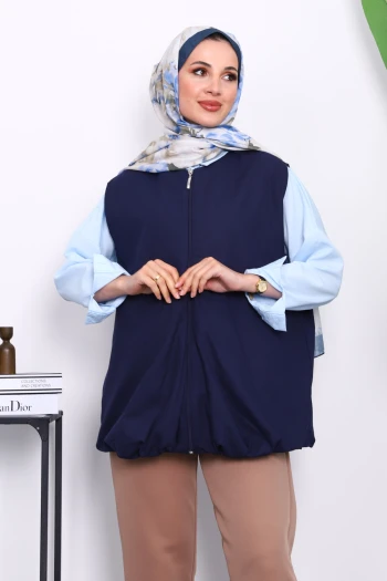 Lacivert Fermuarlı Oversize Astarlı Yelek