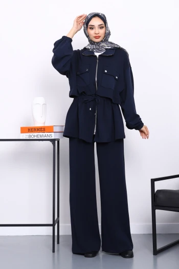 Lacivert Fermuarlı Tunik Pantolonlu Modal Takım