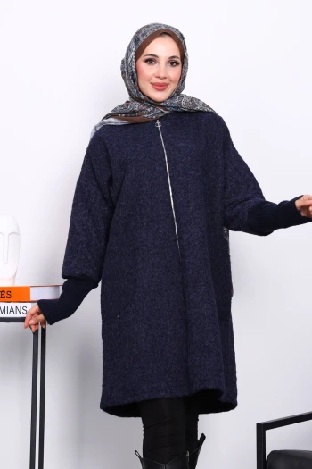 Lacivert Fermuarlı Yün Kaşe Kaban